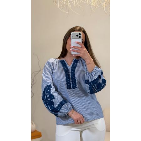 Blusa Serena riscas & bordado azul