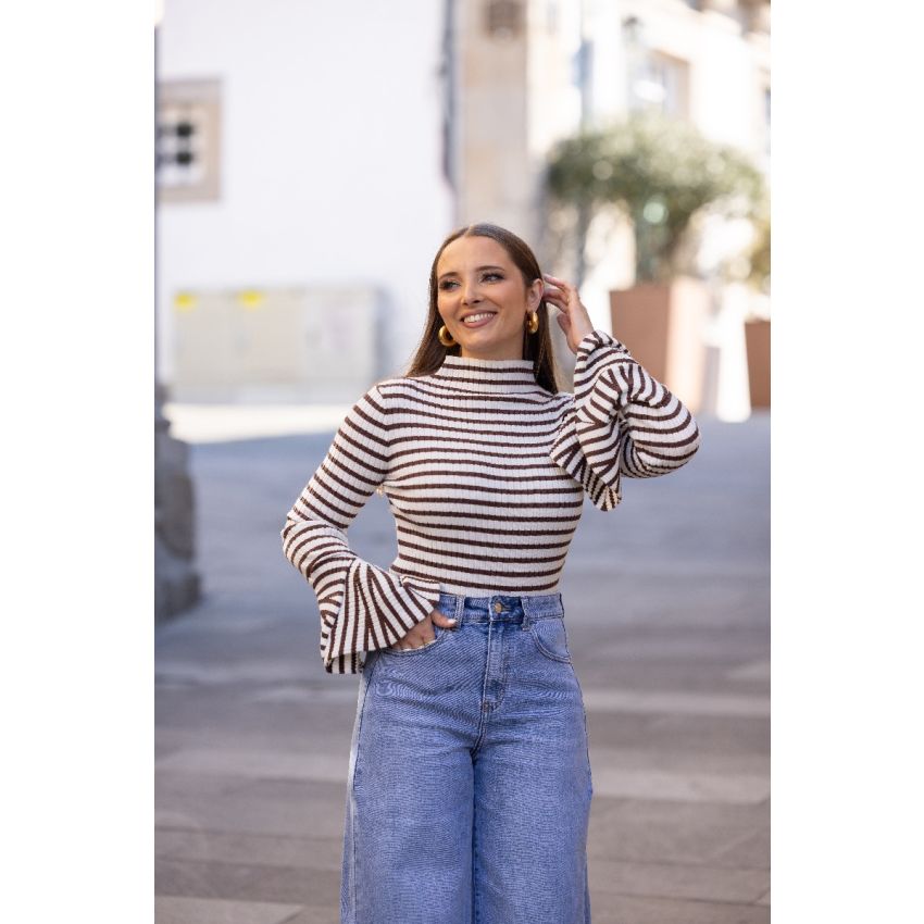 Malha riscas manga folho