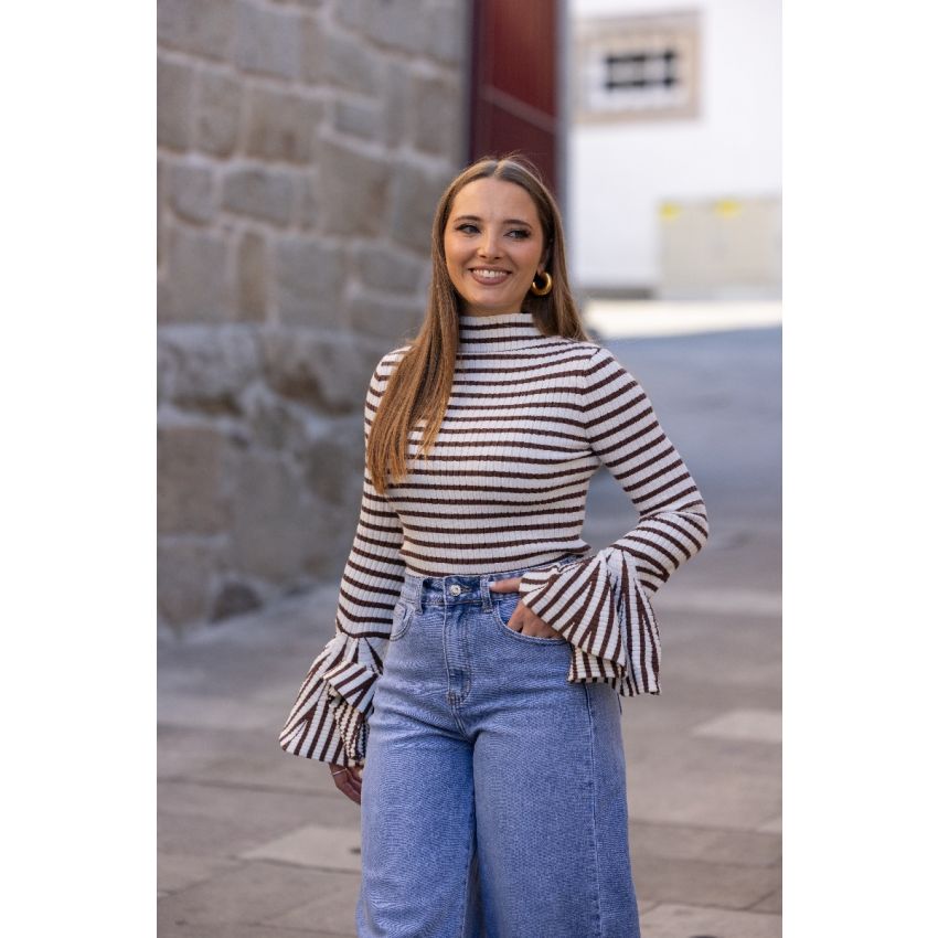 Malha riscas manga folho