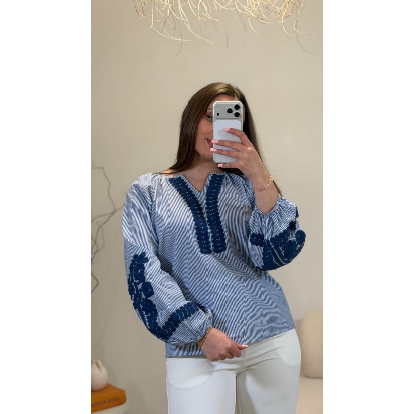 Blusa Serena riscas & bordado azul